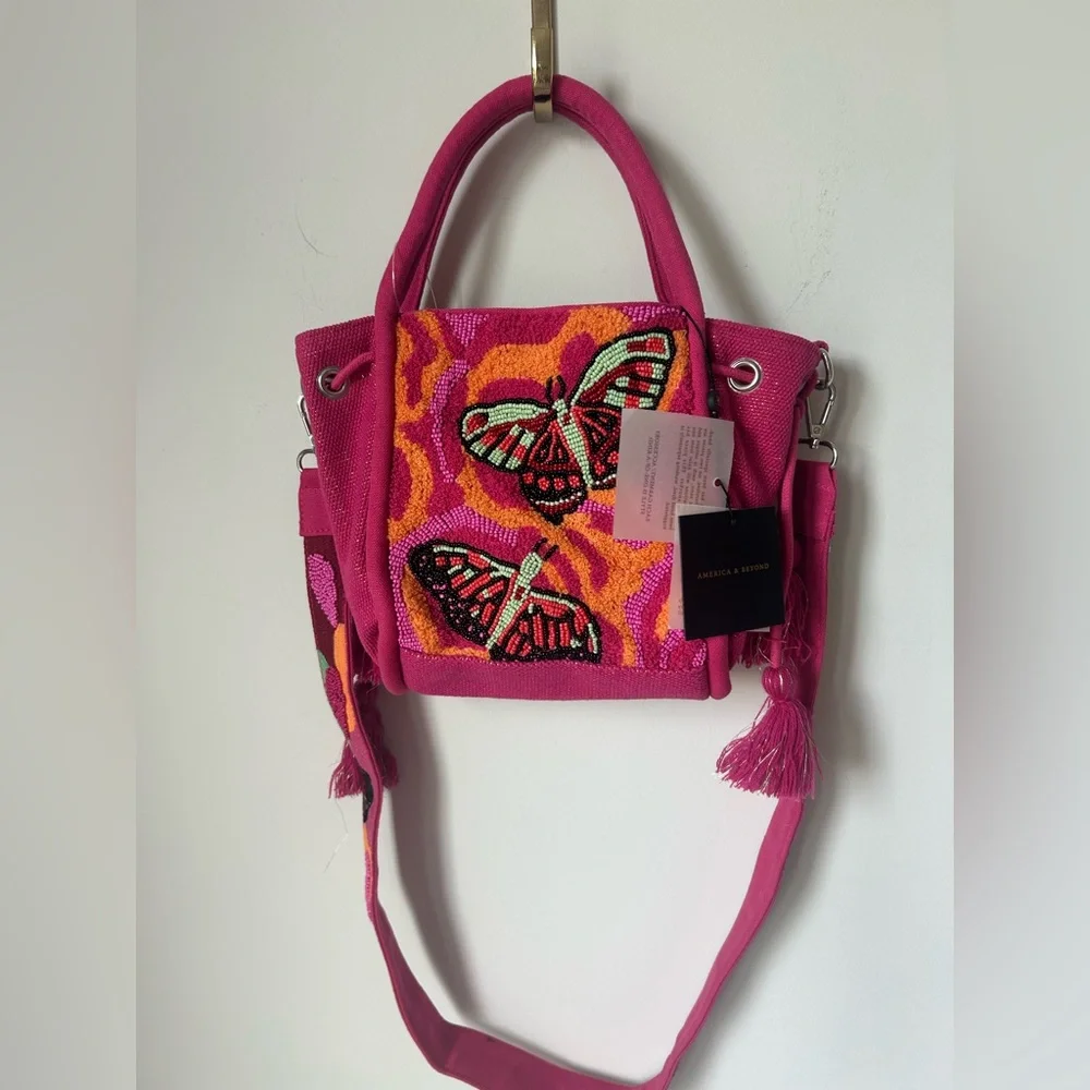 Viral America & Beyond Pink Beaded Butterfly Tote Bag